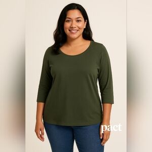 PACT 3/4 SLEEVE SCOOP NECK ORGANIC COTTON TEE GREEN SZ XXL
